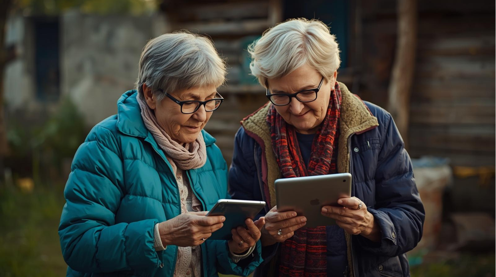 Zwei Frauen schauen auf ein Tablet